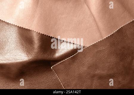 Leather fabrics in mocha mousse shades, top view. Trendy color of 2025 year Stock Photo