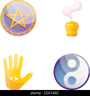 Occultism icons set cartoon vector. Accessory for magic ritual. Occult, prediction, witchcraft. Occultism icons set cartoon vector. Accessory for magic ritual Stock Vector