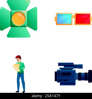 Film director icons set cartoon vector. Making shooting. Work man. Film director icons set cartoon vector. Making shooting Stock Vector