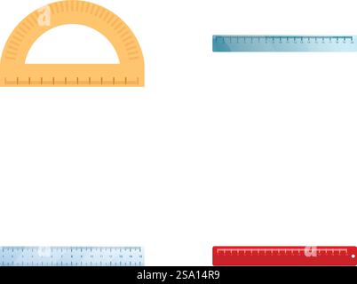Measuring tool icons set cartoon vector. Protractor and ruler. Stationery and school supply. Measuring tool icons set cartoon vector. Protractor and ruler Stock Vector