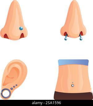 Body piercing icons set cartoon vector. Piercing of various body part. Modification human body. Body piercing icons set cartoon vector. Piercing of various body part Stock Vector