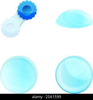 Eye lenses icons set cartoon vector. Contact lenses with plastic container. Medicine, ophthalmology. Eye lenses icons set cartoon vector. Contact lenses with plastic container Stock Vector