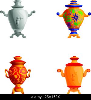 Various samovar icons set cartoon vector. Hot drink production equipment. Traditional russian samovar. Various samovar icons set cartoon vector. Hot drink production equipment Stock Vector