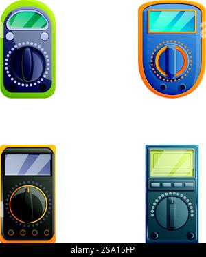 Multimeter icons set cartoon vector. Voltage, amperage, ohmmeter. Electrical measuring instrument. Multimeter icons set cartoon vector. Voltage, amperage, ohmmeter Stock Vector