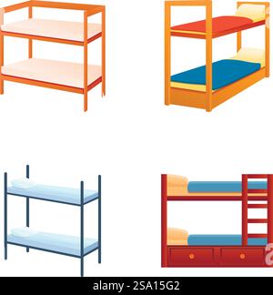 Wooden bed icons set cartoon vector. Two tier bed with mattress and pillow. Children room furniture. Wooden bed icons set cartoon vector. Two tier bed with mattress and pillow Stock Vector