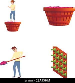 Winery production icons set cartoon vector. Manual wine production. Winemaking concept. Winery production icons set cartoon vector. Manual wine production Stock Vector