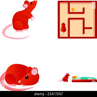 Cartoon mice icons set cartoon vector. Cute mouse near mousetrap and in maze. Cartoon character. Cartoon mice icons set cartoon vector. Cute mouse near mousetrap and in maze Stock Vector