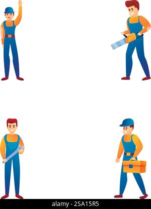 Builder team icons set cartoon vector. Team of worker with tool and equipment. Repair and construction service. Builder team icons set cartoon vector. Team of worker with tool and equipment Stock Vector