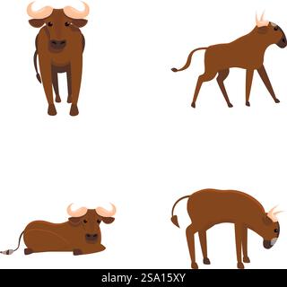 Farm buffalo icons set cartoon vector. Cartoon buffalo animal. Nature ...