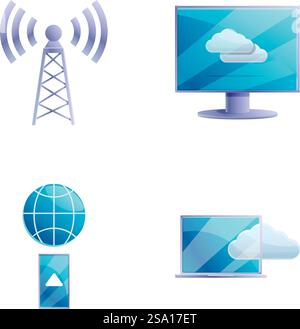 Wireless communication icons set cartoon vector. Various communication device. Transfer and storage data. Wireless communication icons set cartoon vector. Various communication device Stock Vector