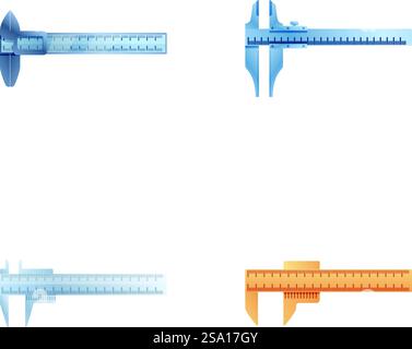 Caliper icons set cartoon vector. Various mechanical caliper. Measurement instrument. Caliper icons set cartoon vector. Various mechanical caliper Stock Vector