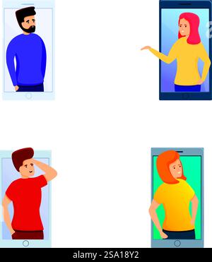 Virtual meeting icons set cartoon vector. Online meeting work form home. Social distancing, online technology. Virtual meeting icons set cartoon vector. Online meeting work form home Stock Vector