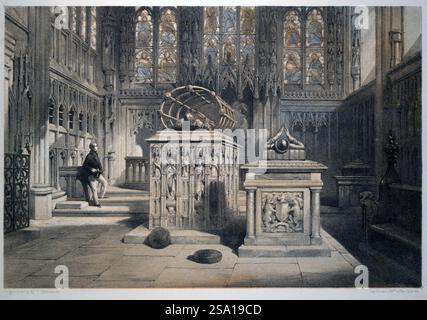 Illustration from a book: The baronial halls, and ancient picturesque edifices of England, vol. 2. Published in 1858. View of the Beauchamp Chapel in the Collegiate Church of St Mary, Warwick. The chapel was founded by Richard de Beauchamp, 13th Earl of Warwick, and completed in 1464. Following its consecration in 1475, it received the body of Richard and his gilt-bronze recumbent effigy. Stock Photo