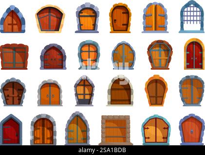 Castle gate icons set cartoon vector. Medieval door. Stone arch ancient. Castle gate icons set cartoon vector. Medieval door Stock Vector