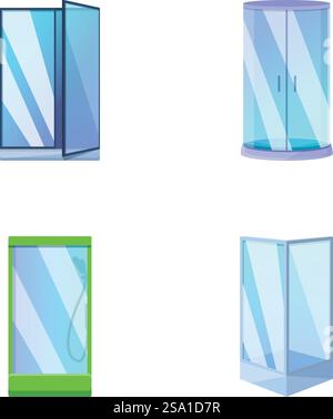 Glass door icons set cartoon vector. Various transparent glass door. Interior element. Glass door icons set cartoon vector. Various transparent glass door Stock Vector