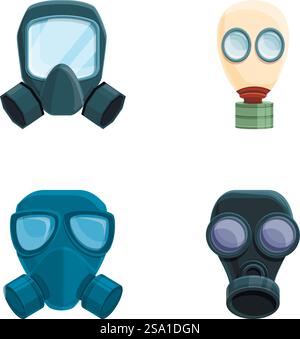 Gas mask icons set cartoon vector. Various type of chemical mask. Environment pollution. Gas mask icons set cartoon vector. Various type of chemical mask Stock Vector