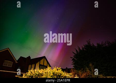 Green, pink and purple Northern Lights on the night sky. Aurora Borealis over the trees and houses Stock Photo