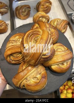 Freshly baked cinnamon buns, Vienna, Austria, Europe Stock Photo