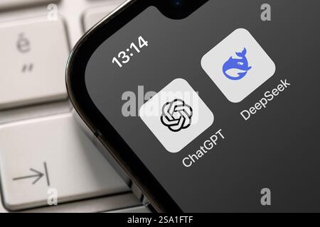 Antalya, Turkey - January 28, 2025: DeepSeek and ChatGPT icons seen on iPhone screen Stock Photo
