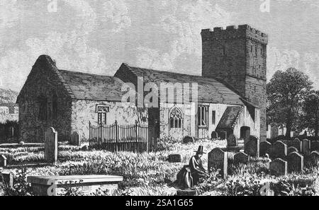 Old rock-cut church in Wales with cemetery, woman tending a grave, square tower with battlements, geography, historical illustration 1888 Stock Photo