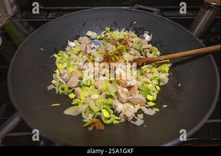 Leek, sheep's cheese with red peppers served in a wagon, Bavaria, Germany, Europe Stock Photo