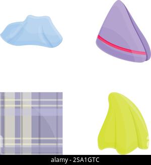 Handkerchief icons set cartoon vector. Cotton handkerchief in various color. Personal hygiene item. Handkerchief icons set cartoon vector. Cotton handkerchief in various color Stock Vector