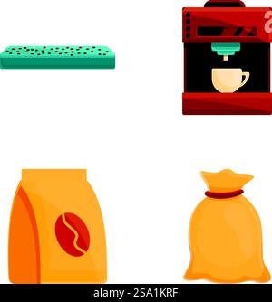 Coffee concept icons set cartoon vector. Coffee machine and packaging. Eco product. Coffee concept icons set cartoon vector. Coffee machine and packaging Stock Vector