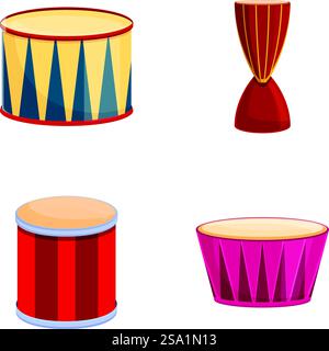 Ethnic drum icons set cartoon vector. Drum of different style and color. Percussion musical instrument. Ethnic drum icons set cartoon vector. Drum of different style and color Stock Vector