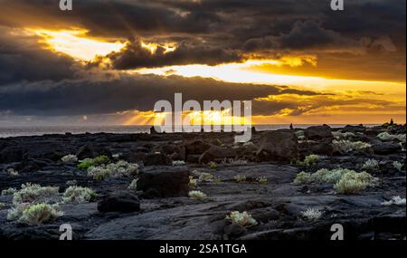 A dramatic sunset over a rocky coastline, with dark clouds and rays of sunlight breaking through. The foreground features rugged terrain with patches Stock Photo