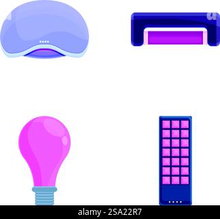 Uv lamp icons set cartoon vector. Luminous lamp with ultraviolet ray. Device with ultraviolet light. Uv lamp icons set cartoon vector. Luminous lamp with ultraviolet ray Stock Vector