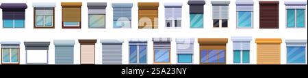 Rolling shutter icons set cartoon vector. Window plastic closed. Roller up glass. Rolling shutter icons set cartoon vector. Window plastic closed Stock Vector