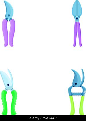 Pruning scissors icons set cartoon vector. Various garden secateurs. Gardening equipment. Pruning scissors icons set cartoon vector. Various garden secateurs Stock Vector