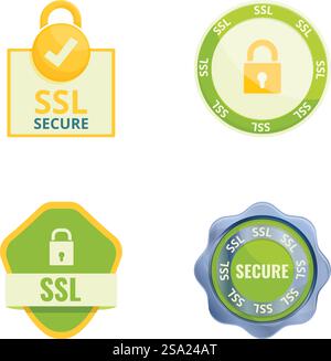 Ssl certificate icons set cartoon vector. Secure sockets layer certificate. Secure online payment. Ssl certificate icons set cartoon vector. Secure sockets layer certificate Stock Vector