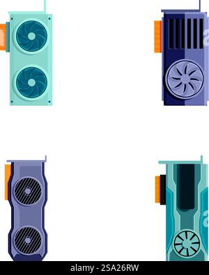 Gpu icons set cartoon vector. Computer graphic card with cooling fan. Personal computer component. Gpu icons set cartoon vector. Computer graphic card with cooling fan Stock Vector