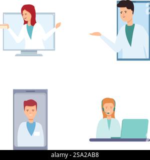 Online consultation icons set cartoon vector. App for consultation on device. Electronic healthcare. Online consultation icons set cartoon vector. App for consultation on device Stock Vector