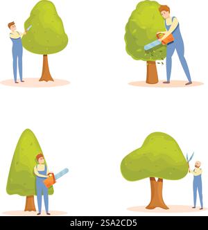 Tree trimming icons set cartoon vector. Male gardener with different equipment. Garden service. Tree trimming icons set cartoon vector. Male gardener with different equipment Stock Vector