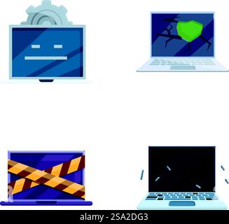 Computer repair icons set cartoon vector. Various broken personal computer. Repair service, maintenance. Computer repair icons set cartoon vector. Various broken personal computer Stock Vector