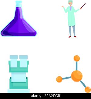 Chemistry icons set cartoon vector. Man scientist in laboratory. Science concept. Chemistry icons set cartoon vector. Man scientist in laboratory Stock Vector