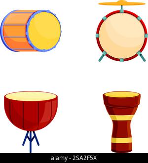 Drum icons set cartoon vector. Wooden drum of different style and color. Percussion musical instrument. Drum icons set cartoon vector. Wooden drum of different style and color Stock Vector