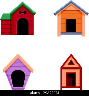 Dog house icons set cartoon vector. Small cute empty dog house. Wooden booth. Dog house icons set cartoon vector. Small cute empty dog house Stock Vector