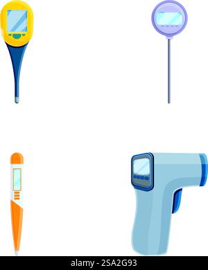 Electronic thermometer icons set cartoon vector. Various type of thermometer. Measuring device. Electronic thermometer icons set cartoon vector. Various type of thermometer Stock Vector