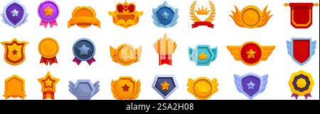 Royal trophy medal icons set cartoon vector. Shape badge. Star level rank. Royal trophy medal icons set cartoon vector. Shape badge Stock Vector