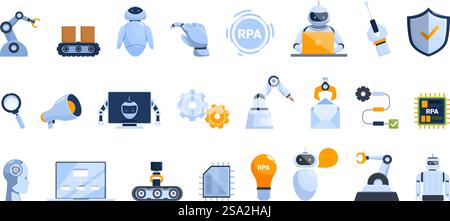 RPA icons set cartoon vector. Automation process. Information innovation. RPA icons set cartoon vector. Automation process Stock Vector
