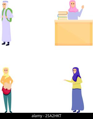 Arabic lesson icons set cartoon vector. Arabic pupil in national cloth ...