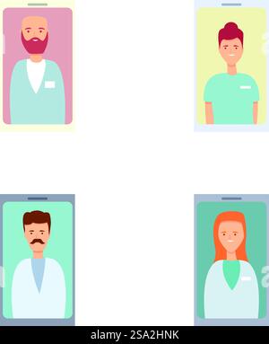 Online healthcare icons set cartoon vector. App for online consultation on phone. Medical innovative technology. Online healthcare icons set cartoon vector. App for online consultation on phone Stock Vector