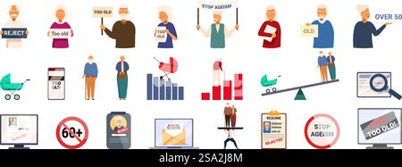 Social problem aging society icons set cartoon vector. Low birth. State ...