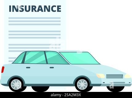Flat design vector illustration concept of car insurance policy and coverage for sedan vehicle, providing safety, security, and financial protection. Vector graphic of a sedan with an oversized insurance policy document in the background Stock Vector