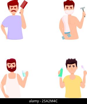 Hygiene procedure icons set cartoon vector. People everyday hygiene. Selfcare concept. Hygiene procedure icons set cartoon vector. People everyday hygiene Stock Vector