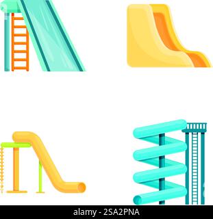 Aquapark slide icons set cartoon vector. Summer holiday in water park. Active leisure. Aquapark slide icons set cartoon vector. Summer holiday in water park Stock Vector