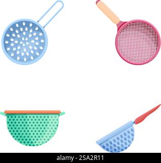 Metal colander icons set cartoon vector. Colander of various shape and color. Kitchen utensils. Metal colander icons set cartoon vector. Colander of various shape and color Stock Vector